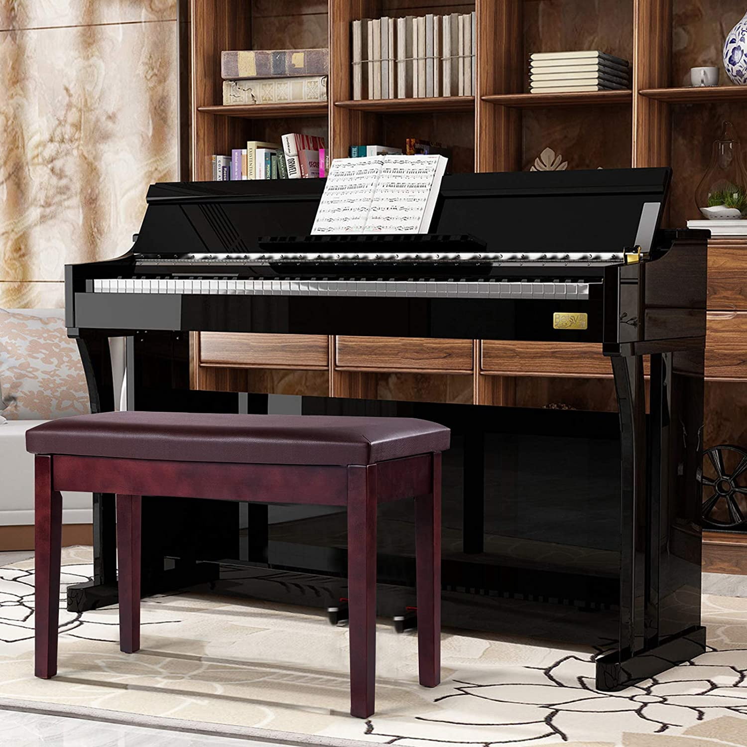 Brown Faux Leather Piano Bench, Solid Wood Construction, Padded Cushion Seat, Hidden Music Storage, Duet Size, Multi-functional Uses