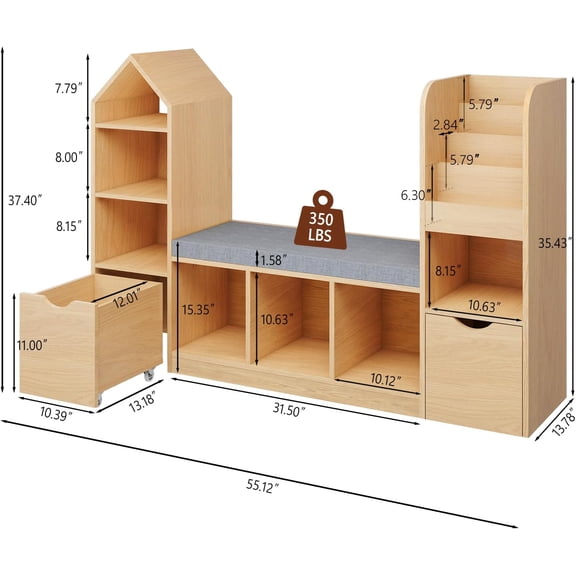 Kids Bookshelf with Reading Nook and Toy Storage Organizer, Oak Color Corner Bookcase with 7 Cubbies, 2 Drawers and Cushion for Bedroom Playroom