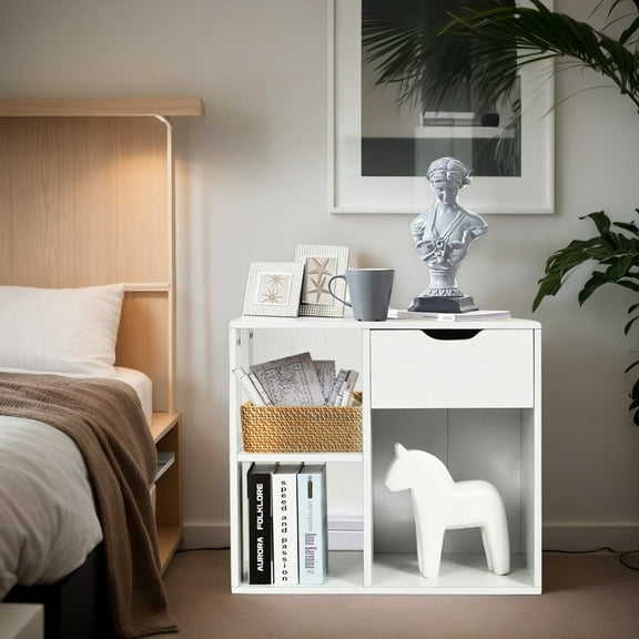 Resenkos Nightstand,Coffee Side Table,3-Tier Side Table with Storage Shelf and Drawer Space