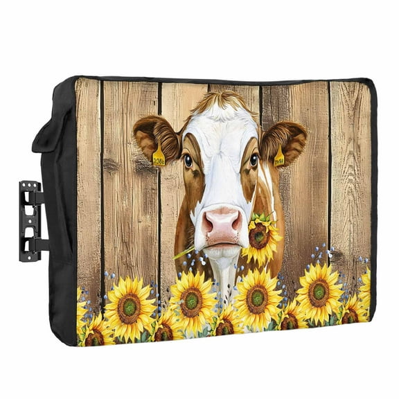 Outdoor TV Cover 40 to 43 Inches, Sunflower Cow Plant Farm Flower Vintage Wood Grain Waterproof and Weatherproof TV Cover with Remote Control Pocket, Flat Screen TV Cover Protector for Outside TV