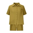 thumbnail image 3 of Womens Cotton Summer Casual 2 Piece Outfits Short Sleeve Button Down Shirts Drawstring Shorts Fashion Tracksuit, 3 of 5