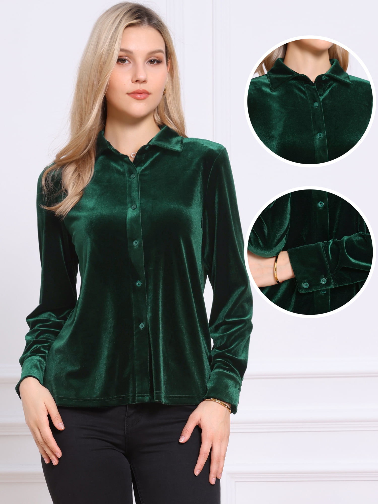 DARING DIVA Women's Vintage Velvet Long Sleeve Button Down Shirt Blouse S Green