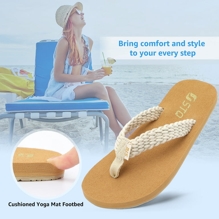 STQ Womens Flips Flops with Yoga Mat Quick Dry Thong Sandals for  Water,Shower,vacation White Taupe 9 US 