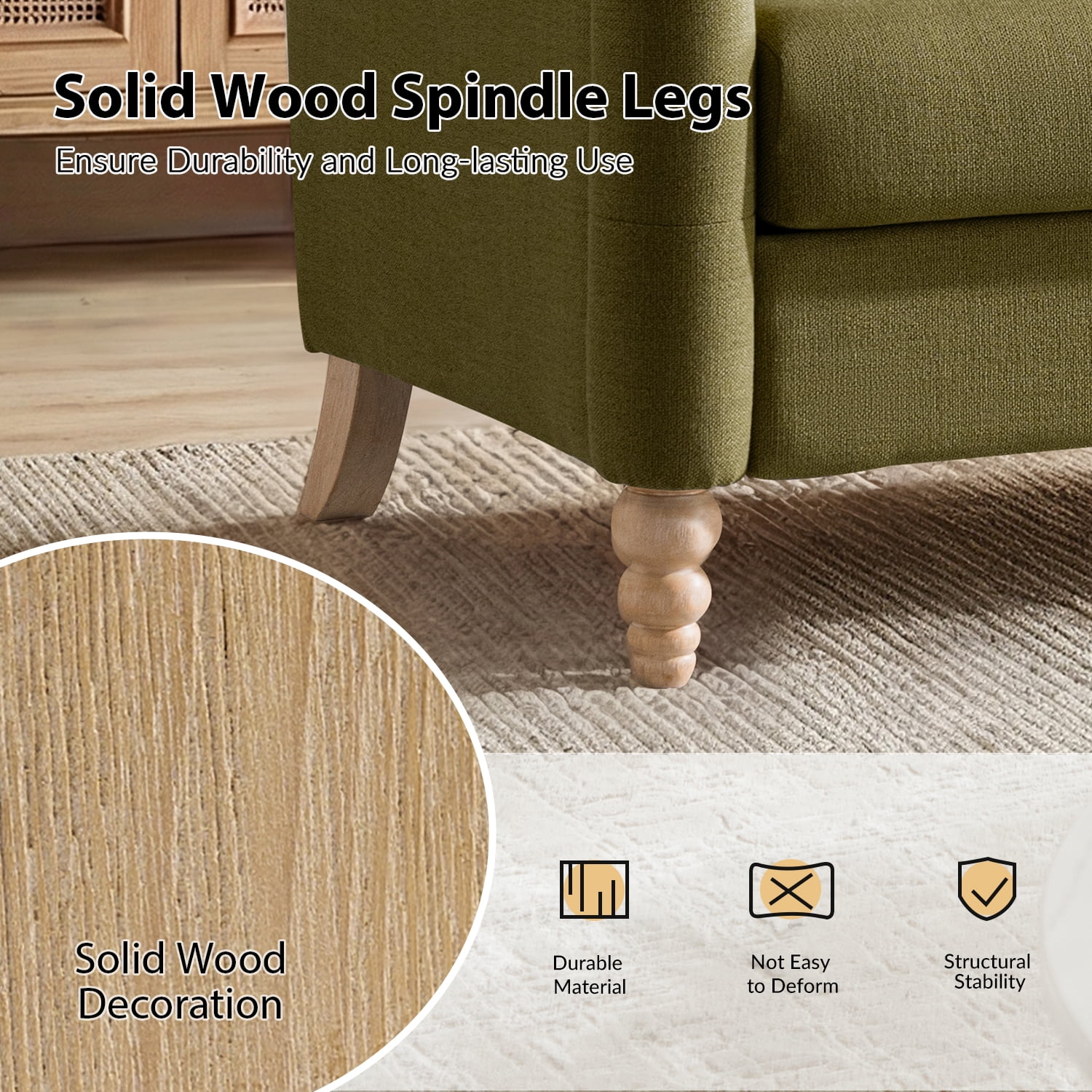 Tina's Home 50" Farmhouse Loveseat Sofa with Slope Arms and Solid Wood Bobbin Legs for Living Room, Moss