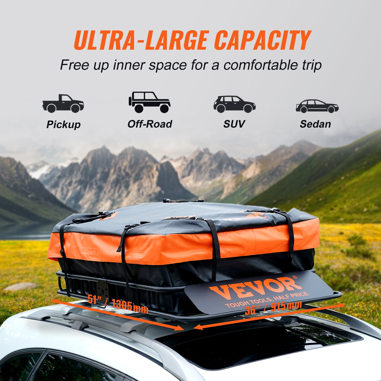 VEVOR Roof Rack Cargo Basket, 51" x 36" x 5" Rooftop Cargo Carrier w/ 15 Cu Ft Waterproof Cargo Bag, 200 LBS Capacity Universal Rack Carrier for SUV, Truck