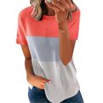 thumbnail image 3 of Femmes T-shirt Couleur Bloc Manches Courtes Top Col Rond T Chemisier, Rouge Coloré, XXL, 3 of 6