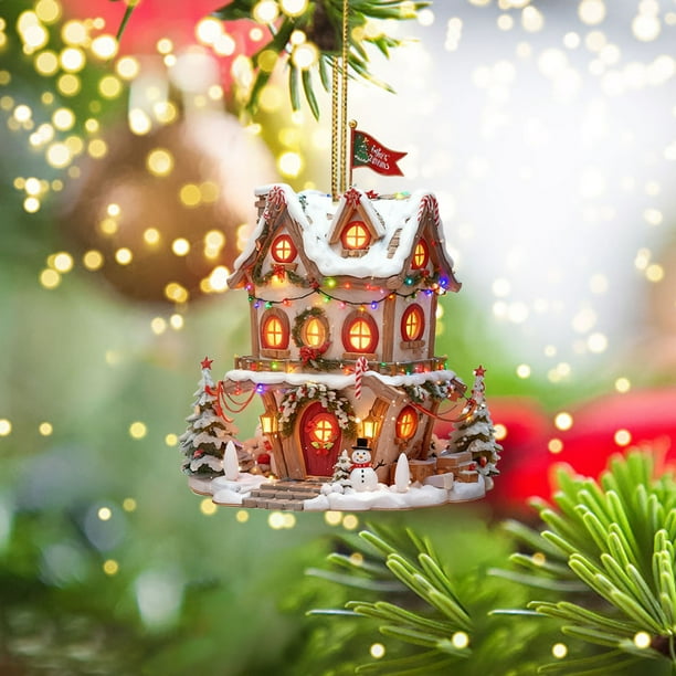 Adorno colgante navideño de acrílico de 8 cm | Diseño de cabaña nevada invernal | Adorno ligero y duradero con cordón | Decoración para árbol de Navidad | Letrero colgante navideño