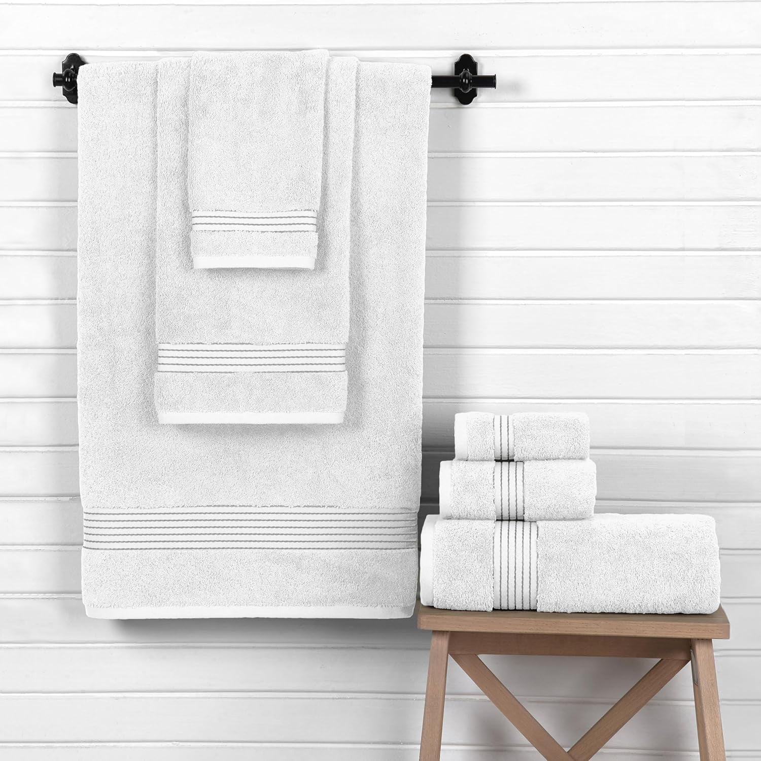 Cotton 6-Piece Towel Set, Includes 2 Washcloths, 2 Hand Towels and 2 Bath Towels, 100% Turkish Cotton , White/Gray