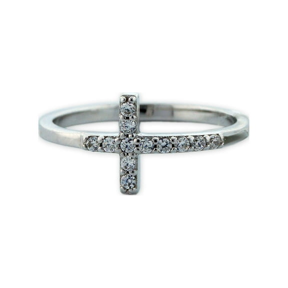 CZ Rhodium over Sterling Silver Sideways Cross Ring