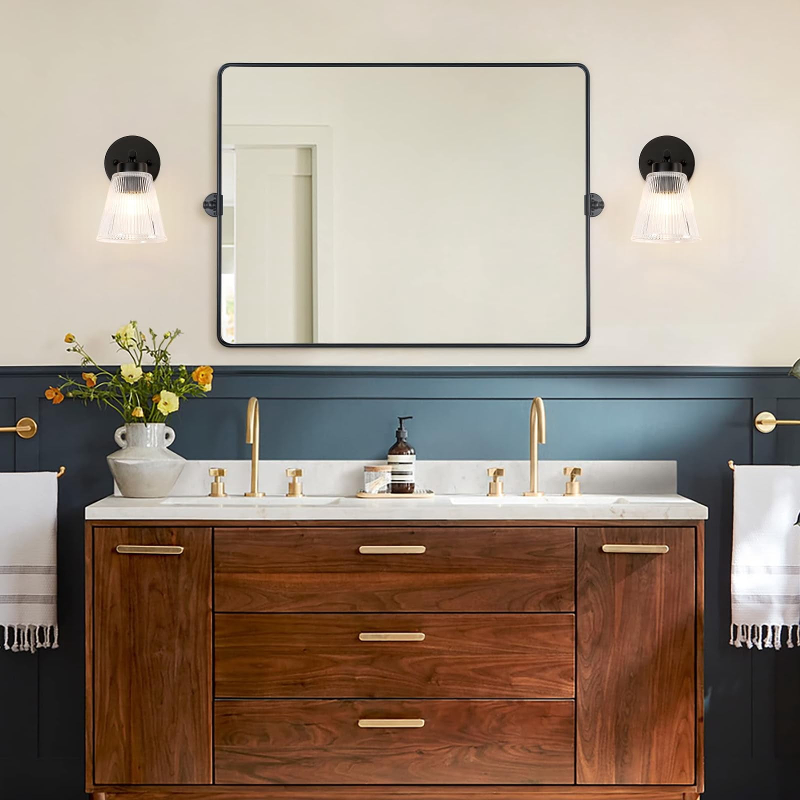 Set Of 2 Wall Sconces For Bathroom  Black Modern Vanity Light Fixtures With Striped Glass Shade Mount Lighting Lanterns Mirror Living Room Bedroom Hallway Farmhouse