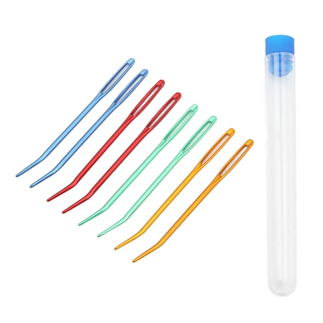 8Pcs Yarn Needle Tapestry set with colorful aluminum darning needles featuring large eyes and curved tips for easy threading and stitching. Perfect for knitting, crocheting, embroidery, and other weaving crafts. Includes a transparent storage bottle with a blue cap for organization.