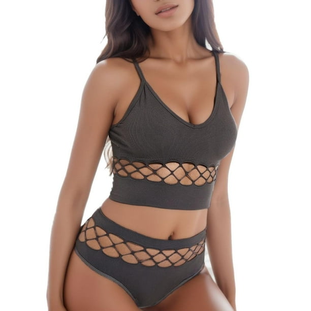 Gibobby Conjunto de lencería de encaje Ropa interior ahuecada, traje de mujer, pecho pequeño, , sin anillo de , sujetador, camisola deportiva de talla grande(Gris, G)
