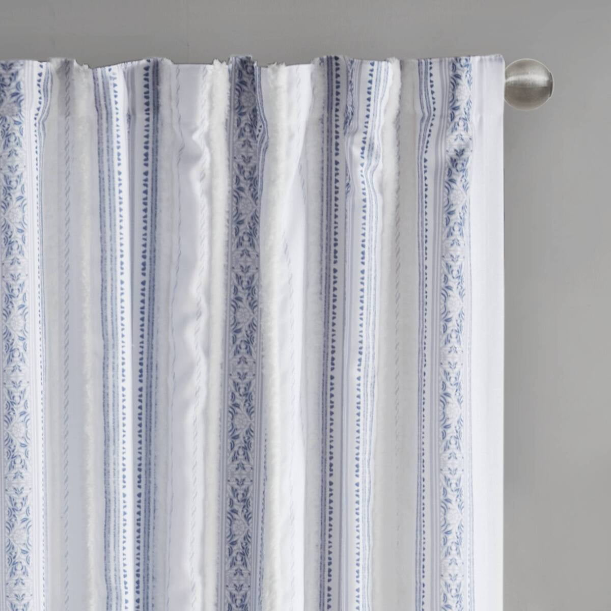 MAYEERTY 50x95" Poly Printed Curtain Panel - Tufted Stripe Lining, White/Navy
