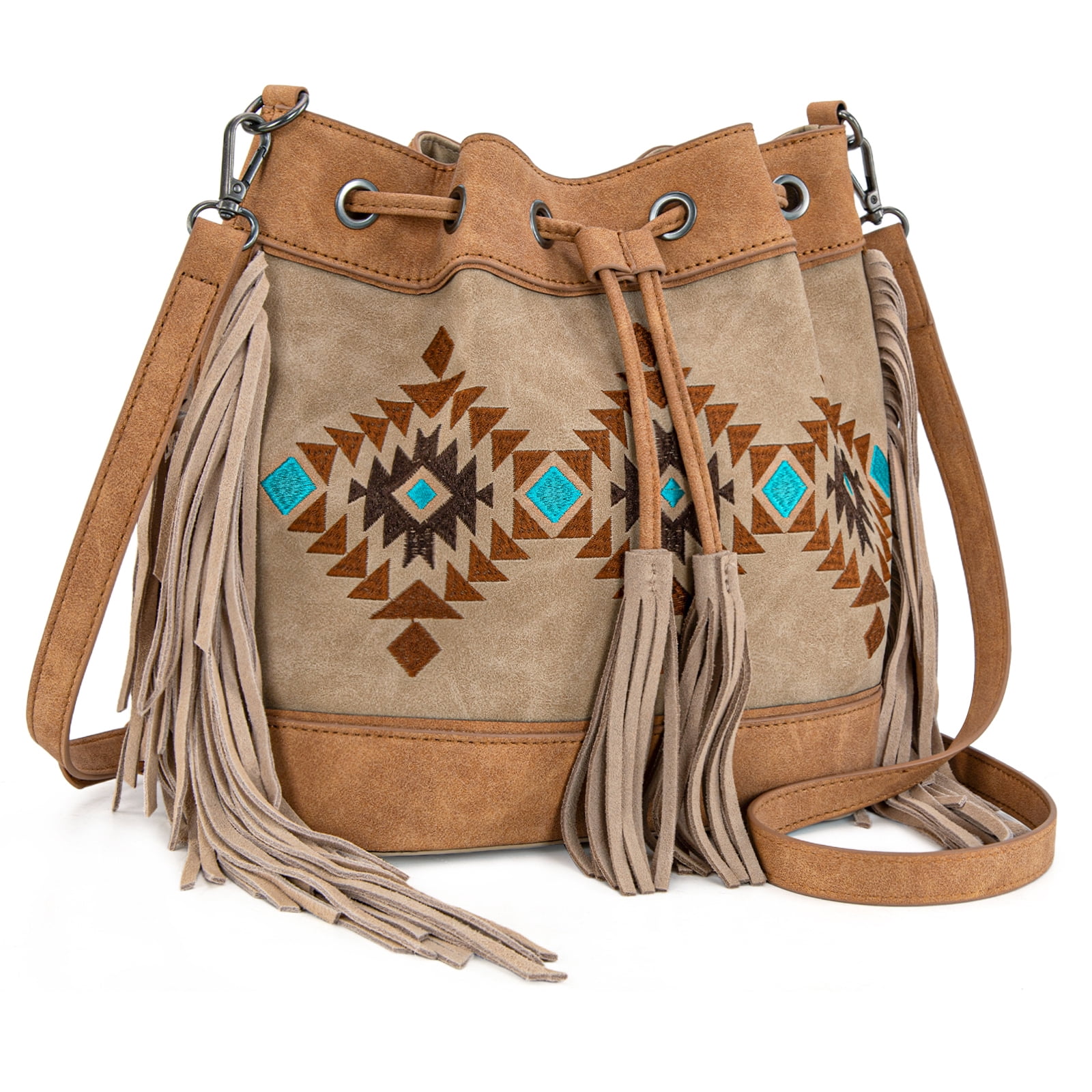 Montana West Aztec Bucket Bags for Women Western Fringe Crossbody Bag Vintage Drawstring, Tan
