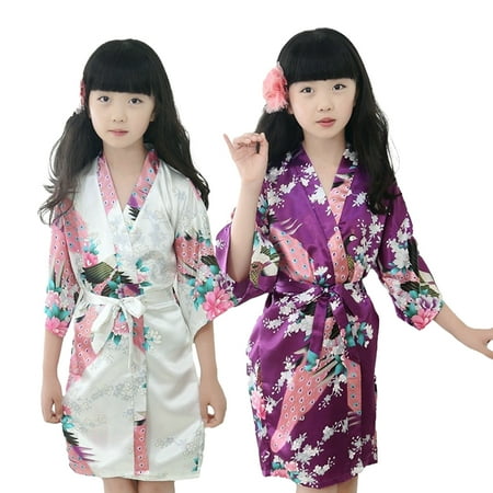 

KYAIGUO Kids Satin Floral Kimono Robe for Girls Flower Girl Bath Robes for Wedding Spa Party Gifts Bridal Lingerie Sleepwear Bathrobe 1-13Y Baby Toddler Silky Satin Kimono Robe
