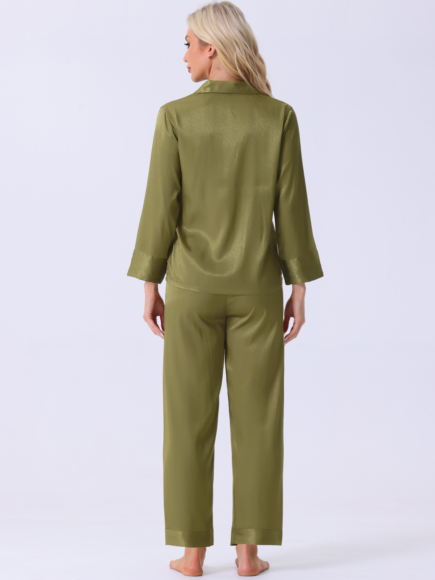 DARING DIVA Women's Satin Button Down Shirt with Pants Pajamas Sets XS Green