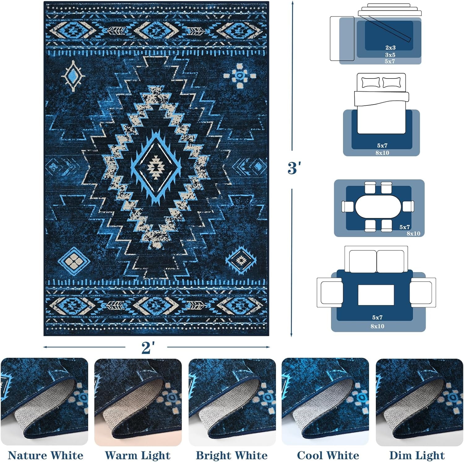 Bleum Cade Moroccan Bathroom Rug,Western Washable 2x3 Small Bath Mat, Boho Tribal Soft Non-Slip Geometric Entry Way Rug, Low-Pile Indoor Carpet for Bedside Entrance Laundry,Blue