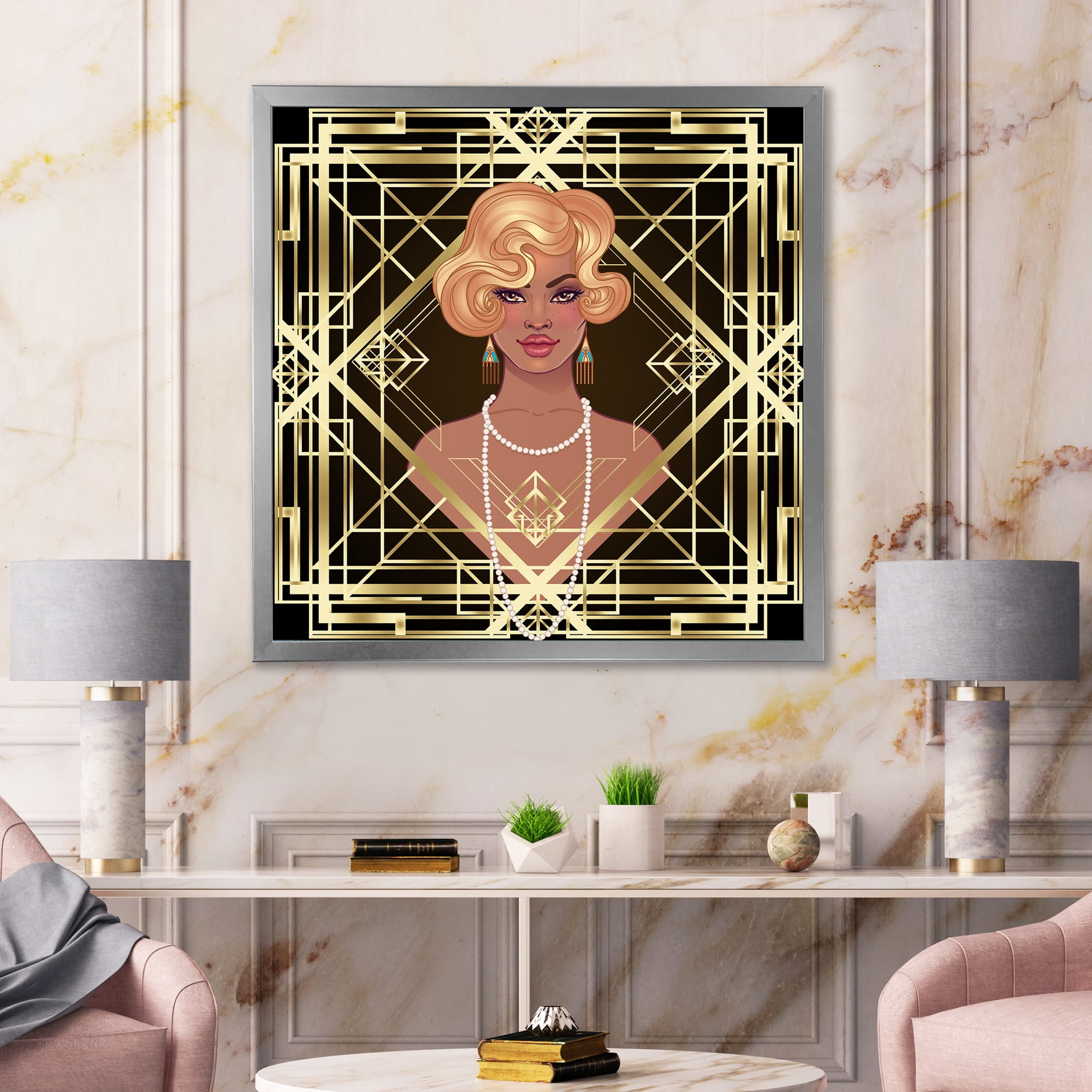 Designart 'Retro Girl In Golden Art Deco Geometrics III' Modern Framed Art Print