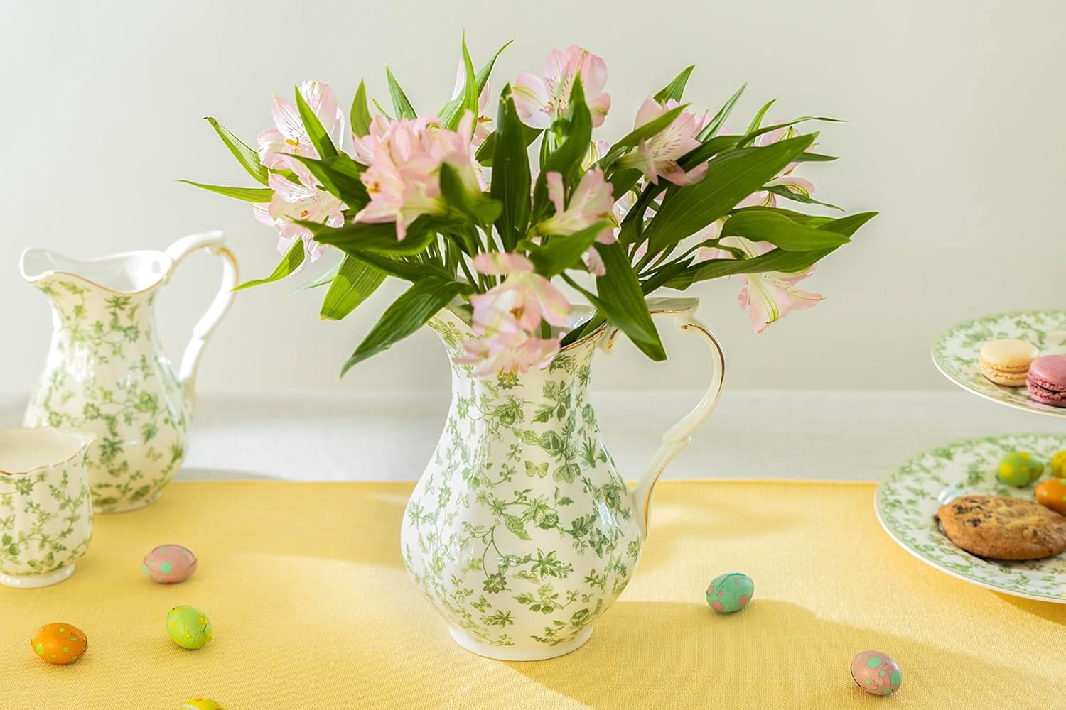 Greeny Garden Fine Porcelain 9-inch Tall Large Pitcher, 48oz Capacity, Serving Water, Juice, Beverages, Can Be Used As Vase, Easter Spring Nature-Inspired Home