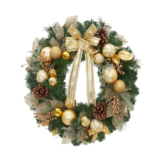 Pre-Lit Christmas Wreath for Front Door with Gold Bow & Ball Ornaments, Artificial Winter Pine Indoor/Outdoor Wall Window Decor, 18/24 Inch