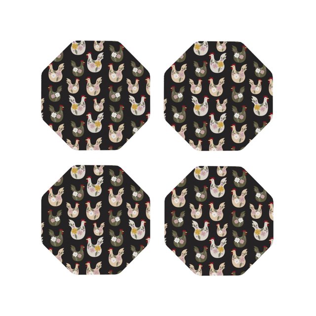 Vsdgher Flowe Rooster Print Leather Coasters for Drinks, Durable Drink Coasters 4 Set for Tabletop Protection, Luxurious Home Décor and Housewarming Gift-Octagon