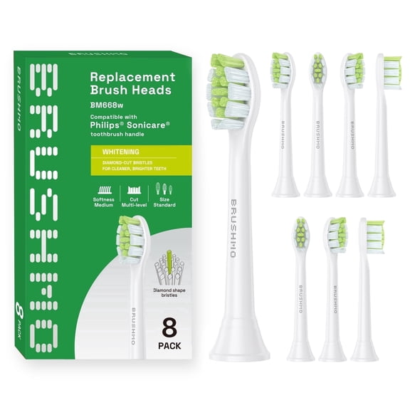 Brushmo Whitening Replacement Toothbrush Heads Compatible with Philips Sonicare Click-on Handles, Medium-Firm Diamond-Shaped DuPont Bristles, BM668W, 8-Pack, White