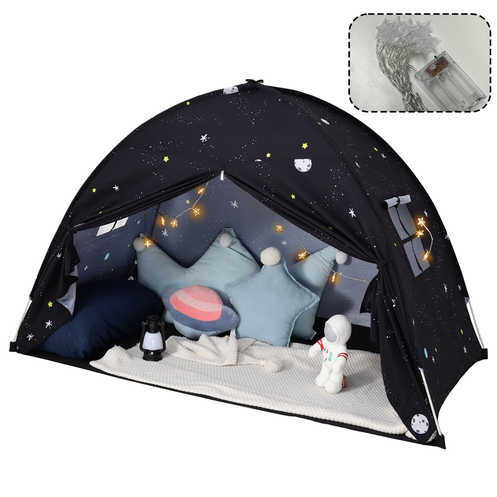 SweHouse Toddler Bed Canopy Lights Sleeping Playhouse Tent, Portable Indoor Privacy Play Space. Foldable Drafty Room Tent for Boys & Girls, Kids Birthday Gifts Golden Beige Large Size. (Black)