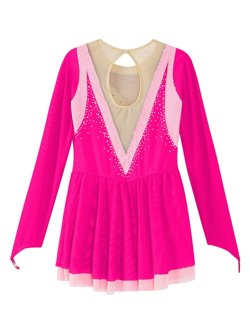 inhzoy Figure Skating Dress for Girls Glittery Long Sleeve Roller Ice  Skating Dress,Sizes 6-16 Hot Pink 16 - Walmart.com