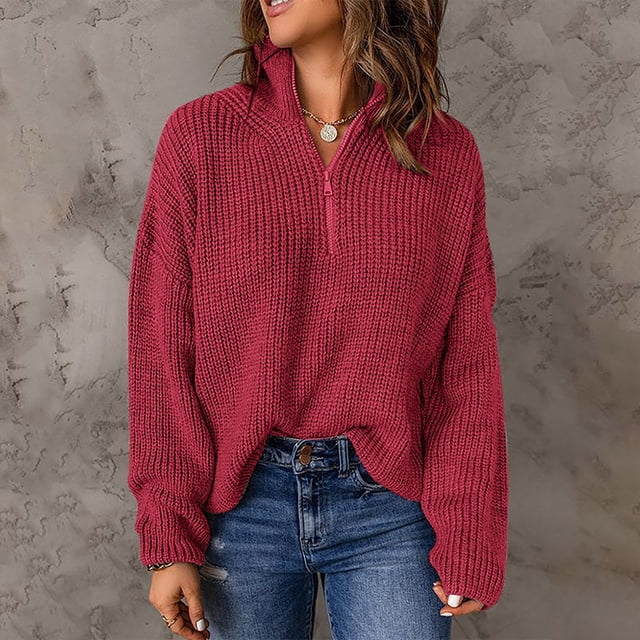 Hamky Chandails pour Femmes Chandails à Enfiler Chandails pour Femmes Tricot Manches Longues Fermeture à Glissière 1/4 Chandail Col Roulé pour Femmes Hauts Col Roulé Chandails d'Automne Rouge TG