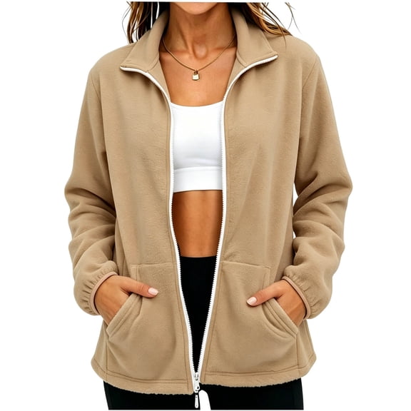 SuTry Women's Fleece Jacket Stand Collar Full Zip Lightweight Winter Coat with Front Pockets Casual Outdoor Daily Wear Relaxed Cozy Fit
