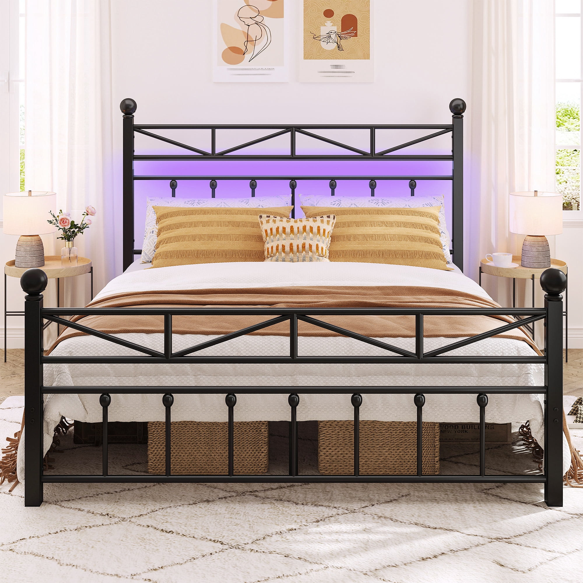 EnHomee Queen Size Metal Platform Bed Frame Metal Bed Frame Queen with Headboard & Footboard Bed Frame with LED Lights & Storage,Noise Free,Black