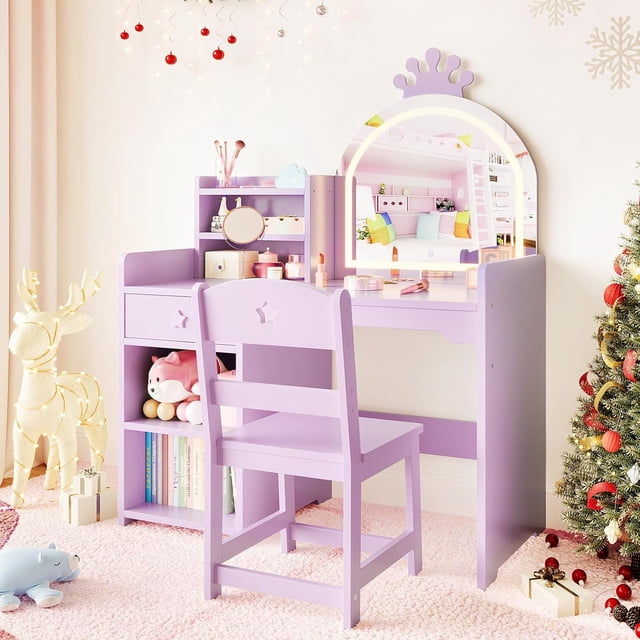 Bingirl Vanity Table Set with LED Lights and Stool, MDF Children’s Makeup Table STM-03, Purple