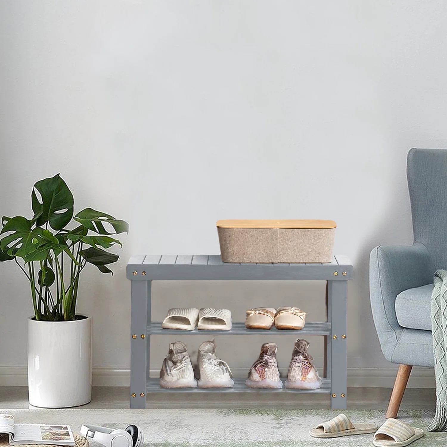 Bamboo Shoe Storage Bench for Living Room, Entryway Storage Premium