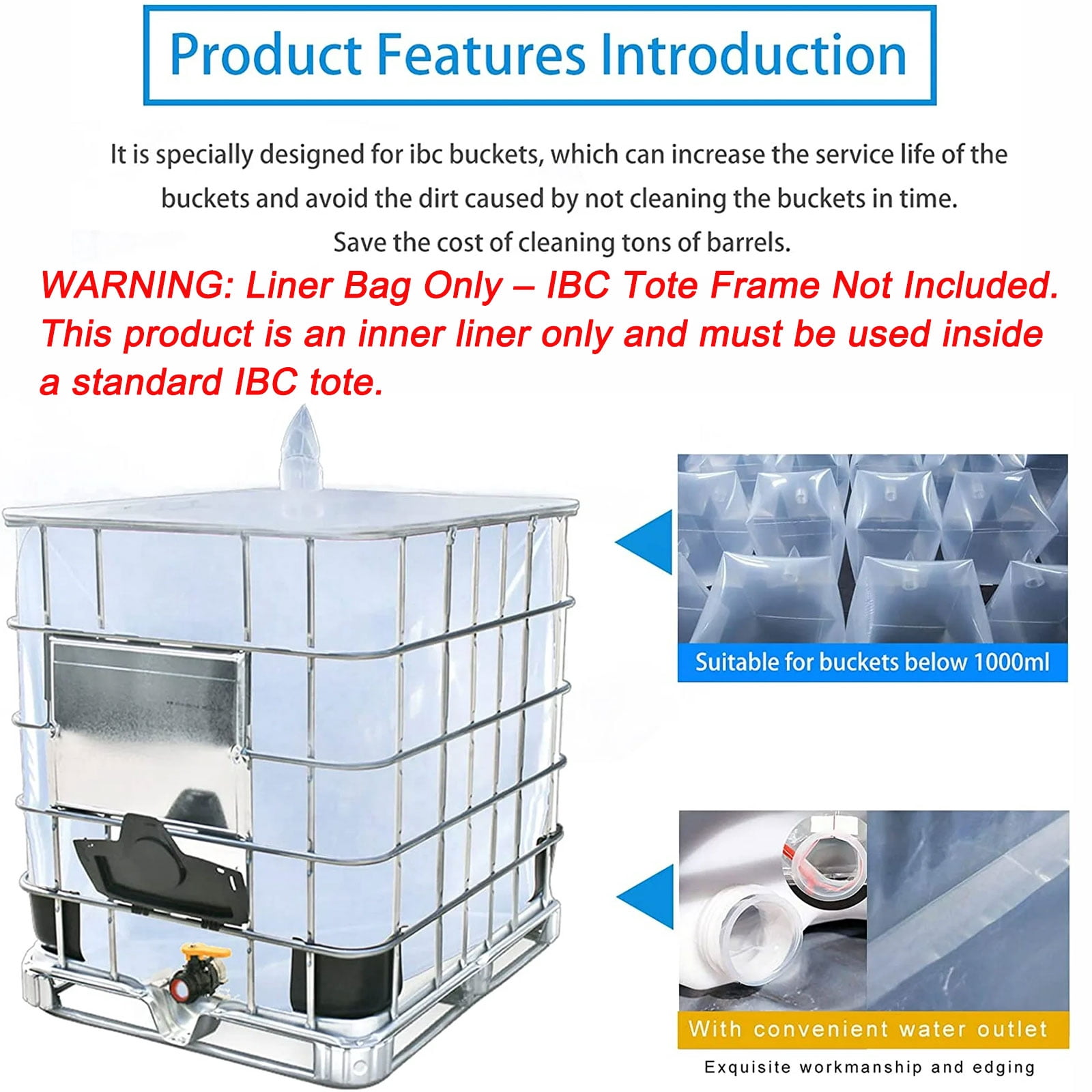 IBC Tote Cove,275 Gallon IBC Water Storage Barrel Liner Bags,1000L Rain Barrel Protective Accessorie (no bottom water outlet)
