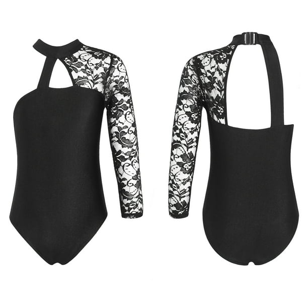 MSemis Kids Girls Asymmetrical Lace Long Sleeve Ballet Dance Leotard