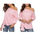 thumbnail image 4 of Camiseta de rayas cruzadas con hombros oblicuos casuales para mujer con manga de murciélago S rojo Sunnimix  Blusas con hombros descubiertos, 4 of 8
