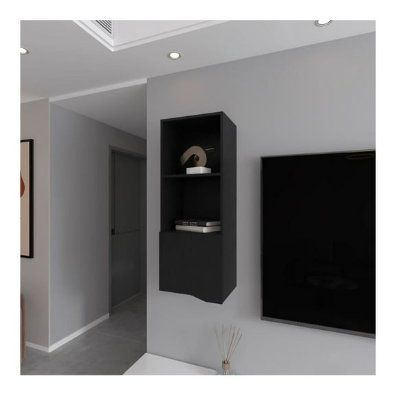 Wall Cabinet Hopewell - Black Living Room Storage - Modern Floating Shelf with Door