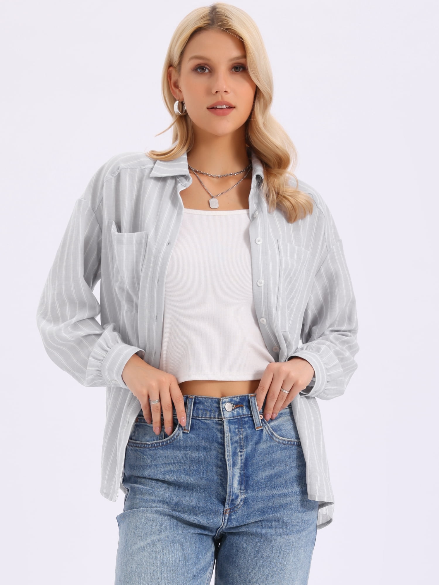 DARING DIVA Women's Striped Button Down Long Sleeve Collared Blouses XS Light Grey