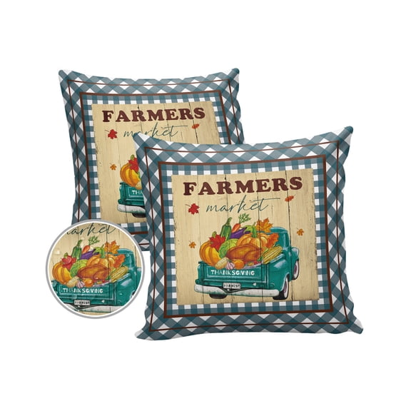 Pack of 2 Outdoor Pillow Covers, Fall Thanksgiving Farm Harvest Truck Buffalo Plaid Wood Waterproof Square Throw Pillowcase Cushion Decorative Pillow Covers for Couch Patio Tent, 20x20 in