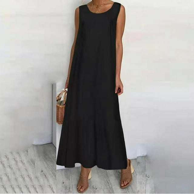 JUNWELL Grande Taille g-5TG Robe Débardeur Unie Sans Manches en Coton et Lin pour Femme, Col Rond, Robe Trapèze, Été, Mode Urbaine, Robes Midi Simples pour Femme