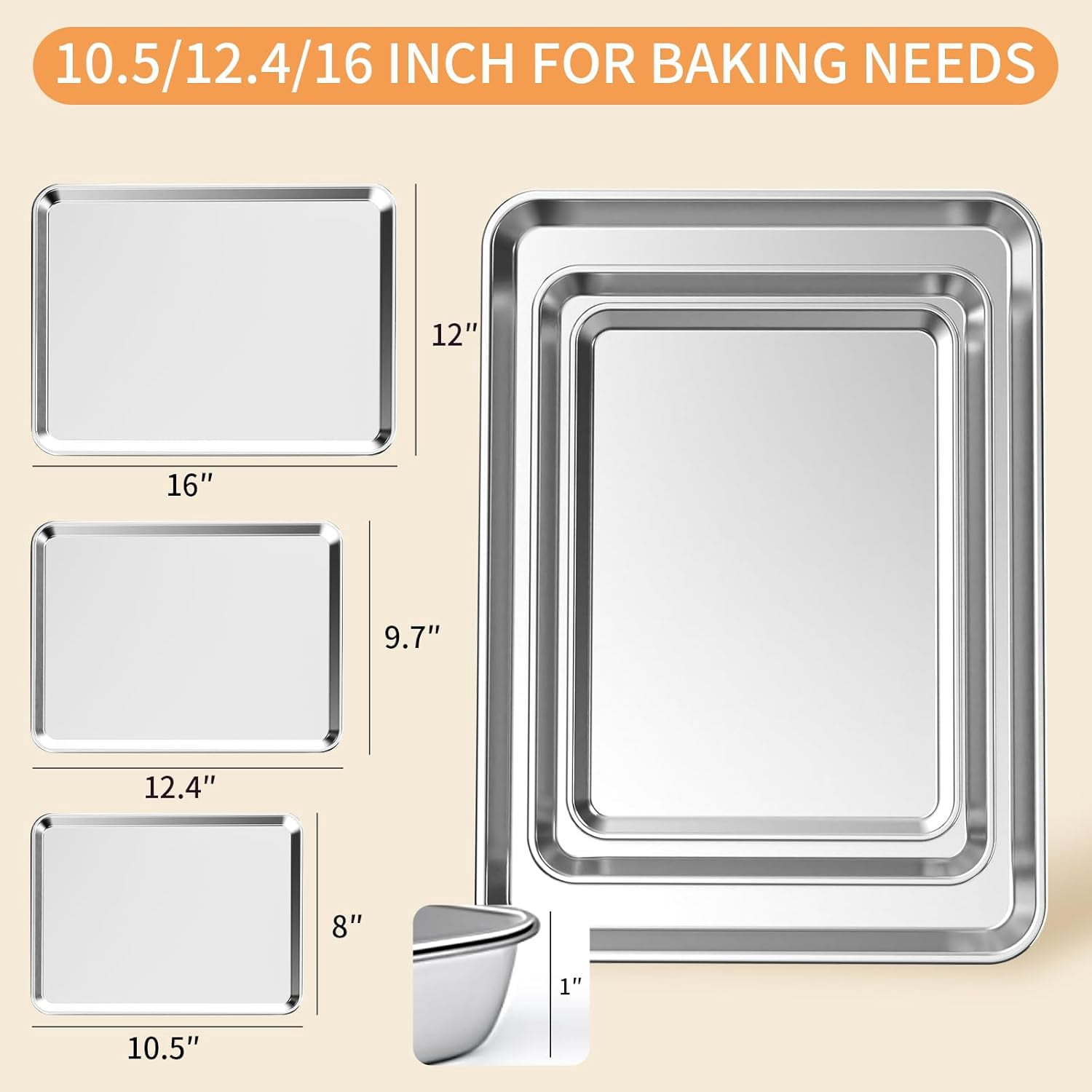Baking Sheet Set of 3, Stainless Steel Cookie Sheets Pan, 10.5/12.4/16 Inch, Thicker and Firmer Pans Set, Non-stick, Non toxic & Heavy Duty Easy Clean，Dishwasher Safe