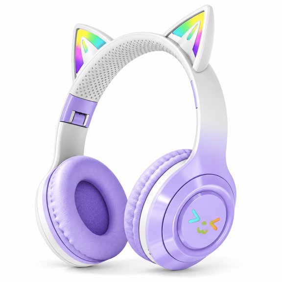 Rirool Cat Ear Bluetooth Headphones with LED Light, Wireless Foldable Headphones for Kids & Adults, Built-in Mic, SD Card Slot, Stereo Sound, 3.5mm Jack, Gray/Purple