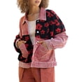 thumbnail image 2 of Women Cropped Corduroy Shacket Daisy Floral Button Down Fleece Varsity Crop Jacket Fall Patchwork Watermelon Red L, 2 of 7