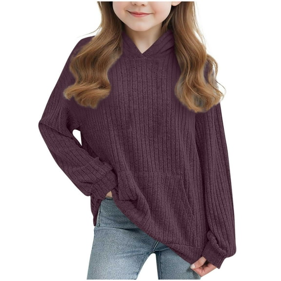 IVEYRTF Kids Hooded Sweatshirt Long Sleeve Solid Color Knit Ribbed Round Neck Pocket Tops for Boys and Girls Casual Comfortable Soft Fabric(Purple,5-6 Years)