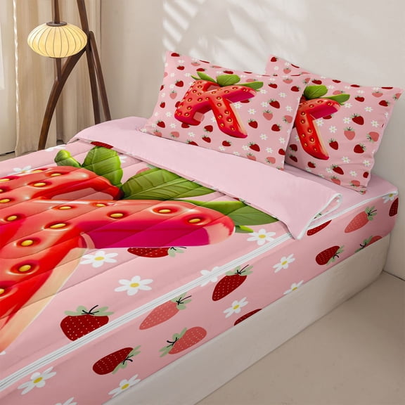 Homewish Strawberry Letter K Zipper Twin Comforter Sets with Fitted Sheet and 2 Pillowcases for Kids, Pink Flower Floral Zipper Bedding Set, Pink Reversible, 4 Pieces