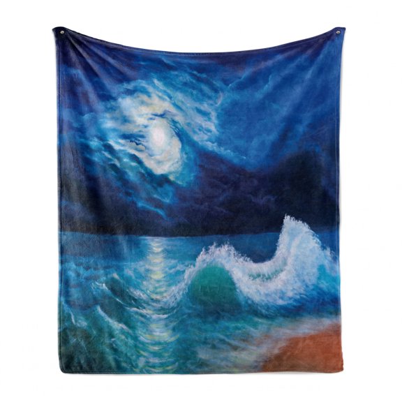 Ocean Soft Flannel Fleece Blanket, Moonlight over Wavy Sea Dramatic Sky Beach Landscape Picture in Oil Painting Effect, Cozy Plush for Indoor and Outdoor Use, 50" x 60", Navy White, by Ambesonne