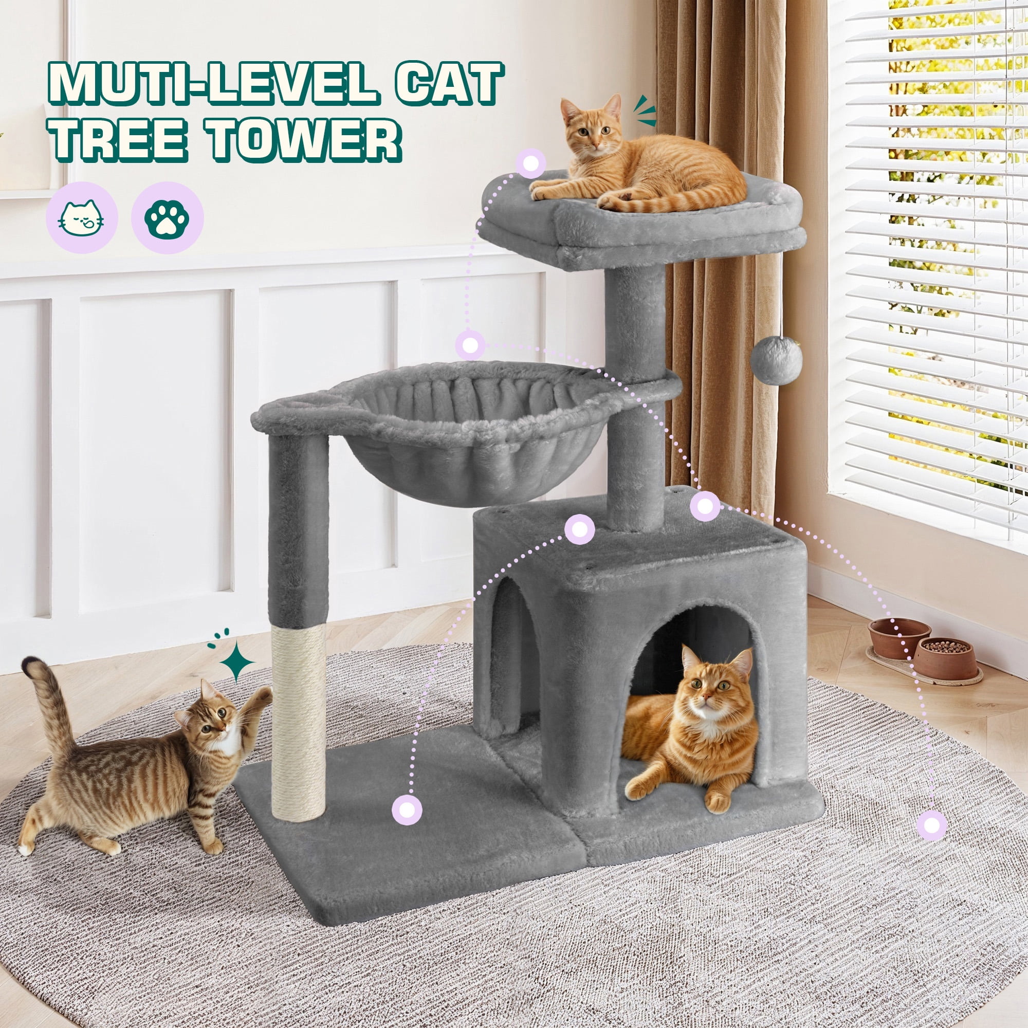 Einfach Small Cat Tree 29.5" Tower Condo with Sisal Scratcing Post Hammock Top Perch for Indoor Cats, Grey
