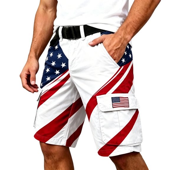 Casual Shorts for Men Men's Patriotic Independence Day Print Cargo Pants Outdoor Work Utility Trousers for Hiking Camping Adventure and Travel Red L