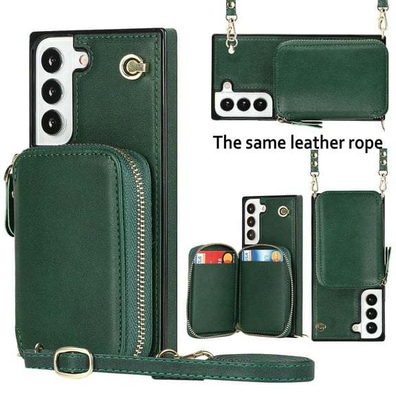 ELEHOLD Wallet Crossbody Case for Samsung Galaxy S24 Ultra,Zipper Wallet Card Holders Luxury PU Leather RFID Blocking Purse Cover with Detachable Shoulder Strap for Samsung Galaxy S24 Ultra,Darkgreen