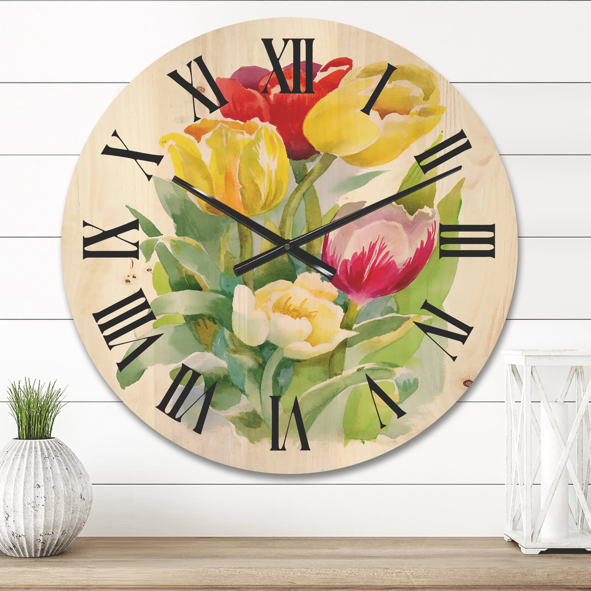 Designart 'Bouquet of Red and White Tulips' Traditional Wood Wall Clock